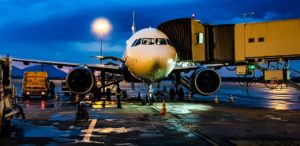 an airplane loading passengers